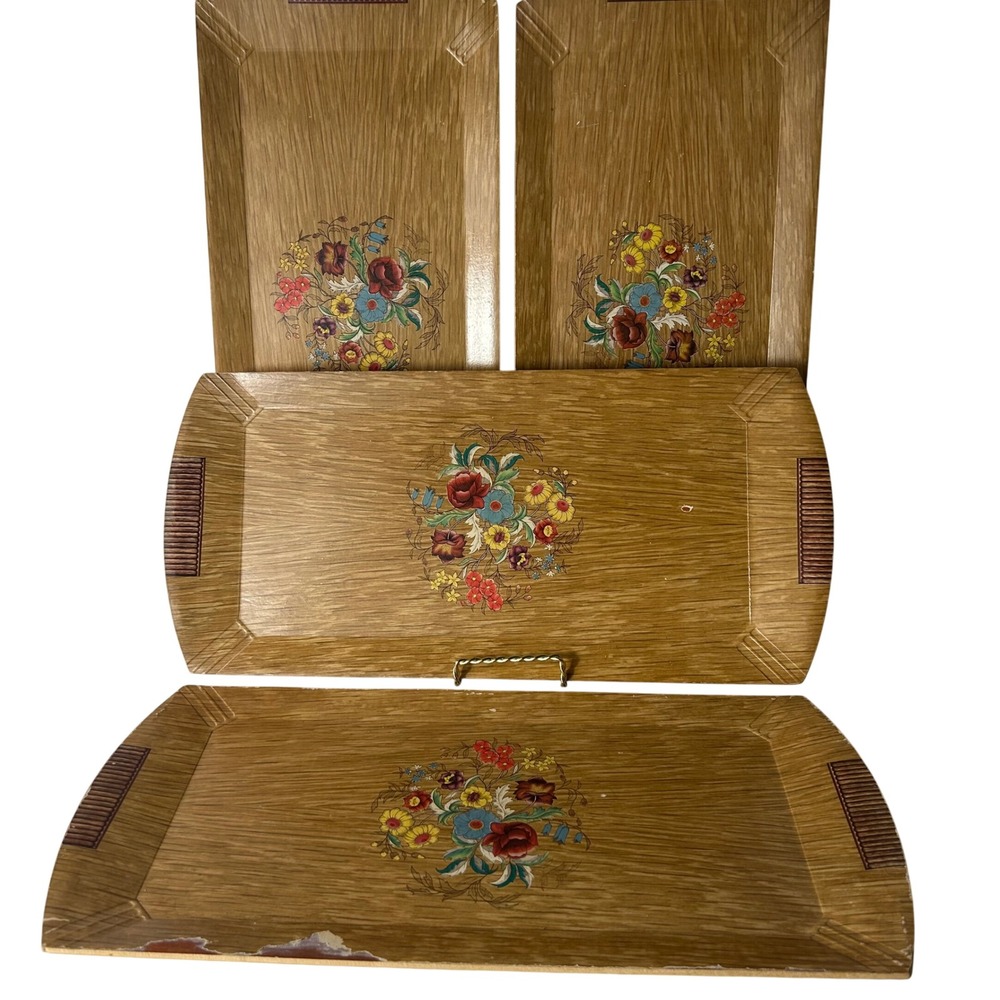VTG Hasko Woodgrain Melamine Platter Tray Set of 4 Floral Mid Century MCM USA